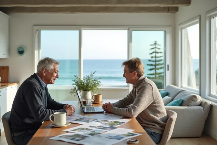 Couple étudiant un investissement immobilier en bord de mer dans leur appartement côtier face à l'océan