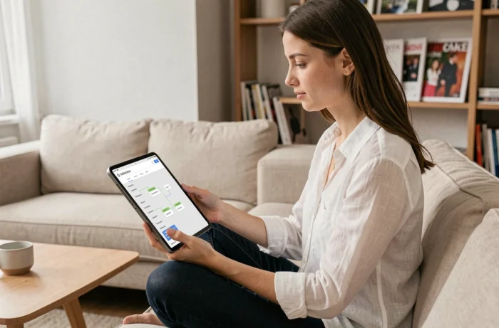 Giovane donna che legge la mappa di navigazione di una rivista online su un tablet in un salotto minimalista