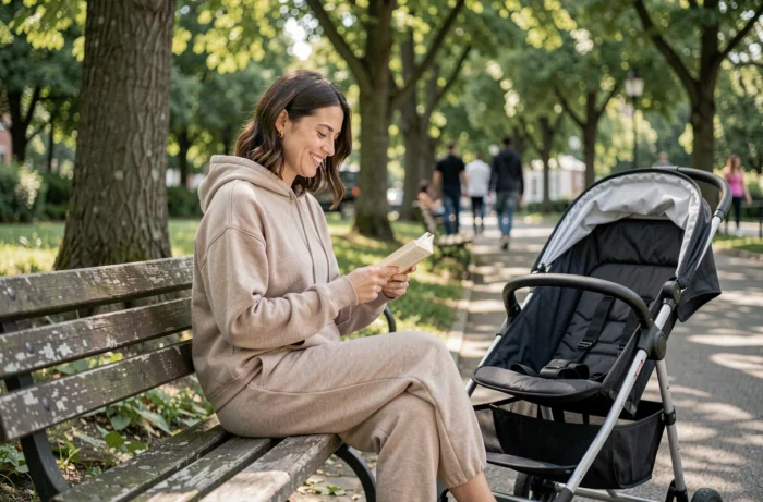 Jeune maman profitant d'un moment de lecture bienveillante dans un parc urbain avec une poussette