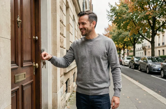 Locataire recevant les clés d'un appartement à louer devant un immeuble résidentiel