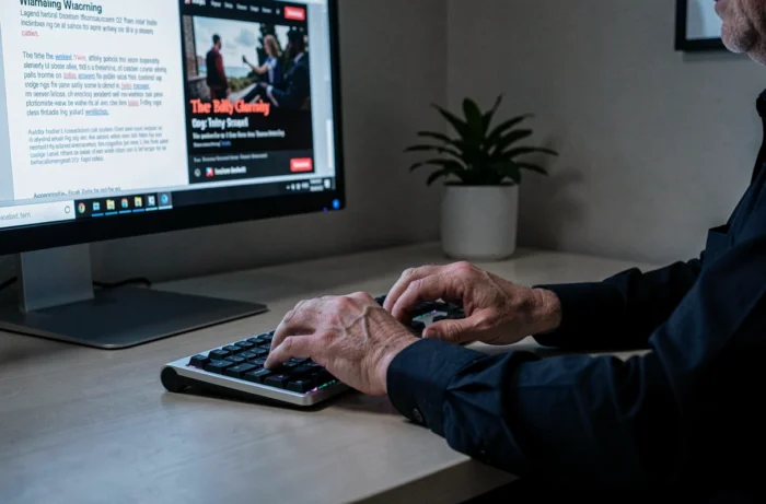 Mains tapant sur un clavier avec un avertissement légal affiché à l'écran illustrant les risques d'accès à Framib