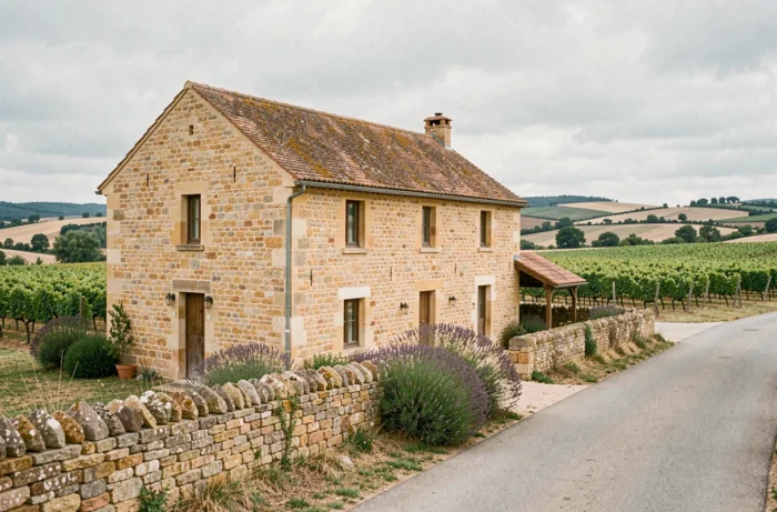 Maison en pierre traditionnelle du Lot avec toiture en tuiles et vignobles en arrière-plan, illustrant l'immobilier rural dans le Quercy