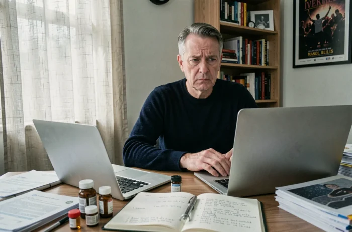 Homme face à des documents médicaux à son bureau, illustrant les défis d'une maladie auto-immune sur la vie professionnelle