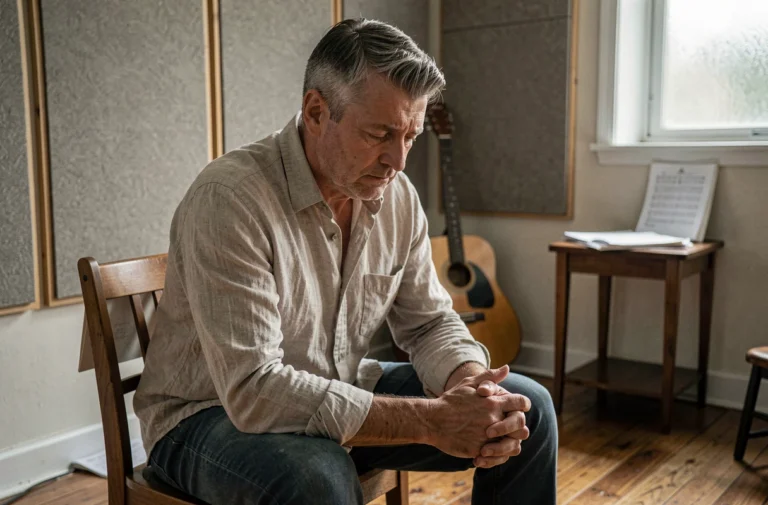 Musicien en pleine réflexion dans un studio de répétition, évoquant l'impact d'une maladie auto-immune sur une carrière artistique
