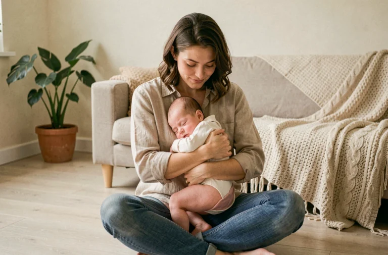 Maman bienveillante tenant son nourrisson endormi dans un salon chaleureux et cosy