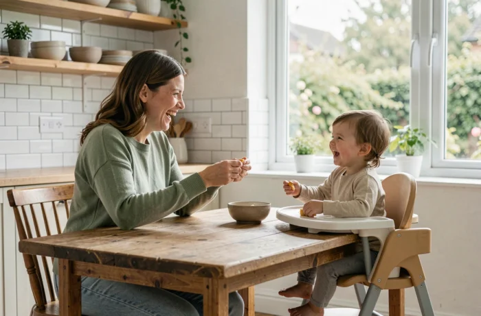Maman partageant un repas sain avec son tout-petit dans une cuisine familiale lumineuse