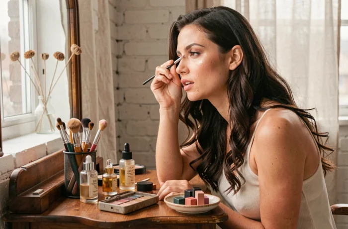 Jeune femme se maquillant devant une coiffeuse vintage avec des produits de beauté organisés
