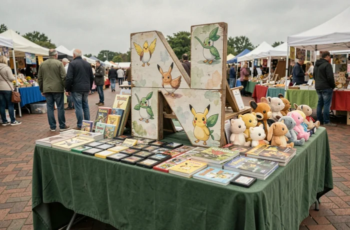 Étal de marché aux puces présentant des objets Pokémon dont les noms commencent par la lettre N avec un panneau peint à la main