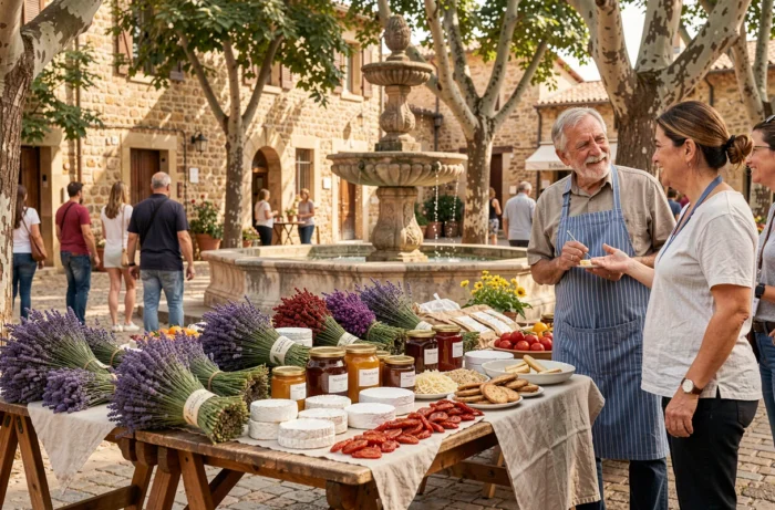 Marché provençal authentique sur la place du village de Robion avec produits locaux et artisanat régional