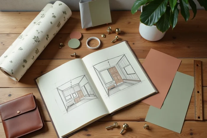 Vue de dessus de matériaux de décoration intérieure incluant des échantillons de papier peint, des nuanciers de peinture et un carnet de croquis sur une table en bois