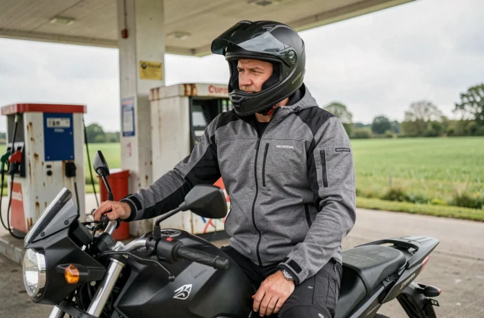 Motard en équipement touring faisant le plein de sa Honda CB500X dans une station-service rurale