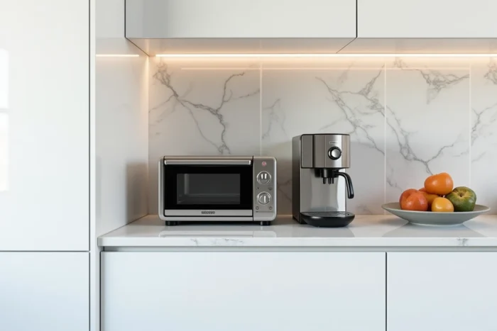 Niche d'angle encastrée dans la cuisine pour ranger un grille-pain et une machine à café