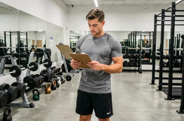 Un homme en tenue de sport consulte un programme d'entraînement dans une salle de musculation moderne, illustrant l'optimisation d'un programme de fitness