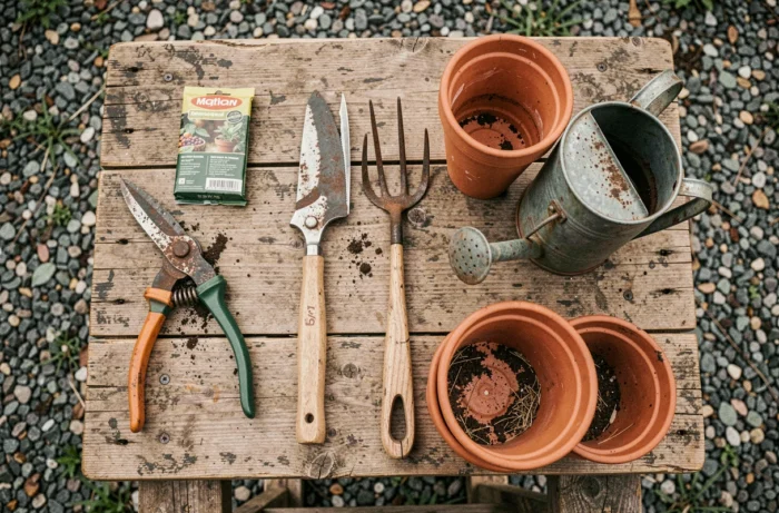 Vue de dessus d'outils de jardinage essentiels disposés sur un établi en bois brut avec arrosoir, sécateur, pots en terre cuite et sachets de graines
