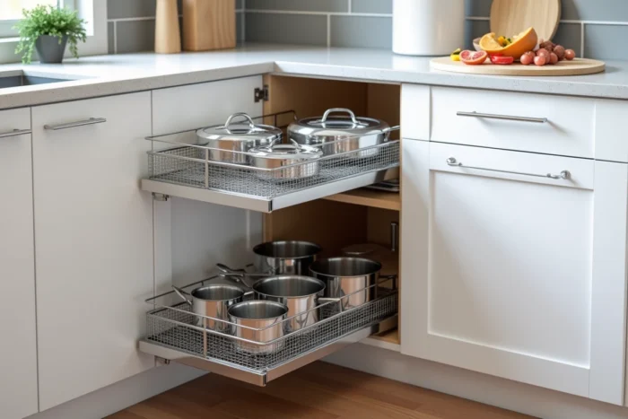 Panier extractible Magic Corner sorti d'un meuble d'angle bas avec ses paniers en fil chromé