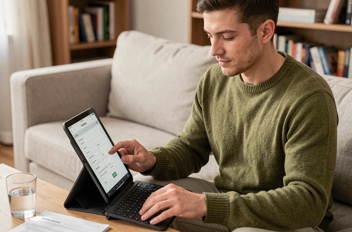 Personne utilisant une tablette pour mettre à jour ses informations personnelles sur l'espace URSSAF depuis son salon