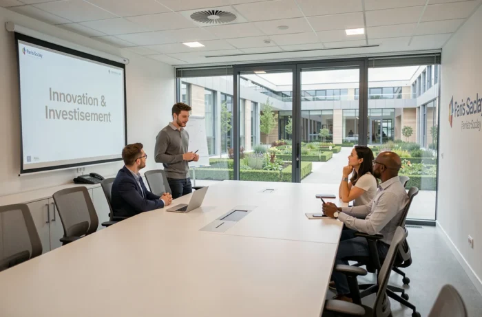 Session de pitch de startup devant des investisseurs dans un incubateur de l'écosystème Paris-Saclay Invest