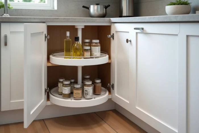 Plateau tournant lazy Susan intégré dans un meuble d'angle bas de cuisine ouvert