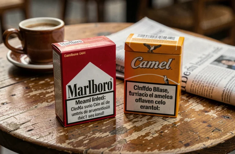Paquets de cigarettes Marlboro rouge et Camel côte à côte sur une table de café espagnol avec tasse d'espresso