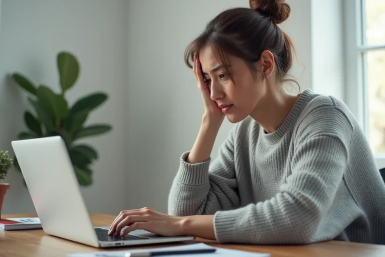 Femme consultant un message d'erreur de connexion sur son espace client MyFoncia depuis un ordinateur portable à domicile