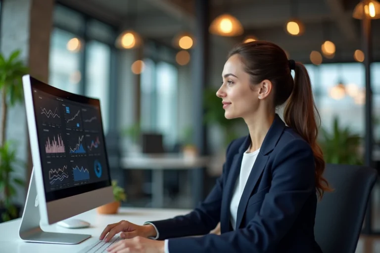 Professionnelle travaillant sur des tableaux de bord numériques dans un espace de coworking moderne pour booster son entreprise en ligne