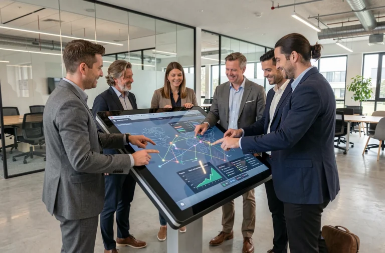 Professionnels collaborant autour d'un écran interactif dans un espace de travail moderne de Paris-Saclay Invest