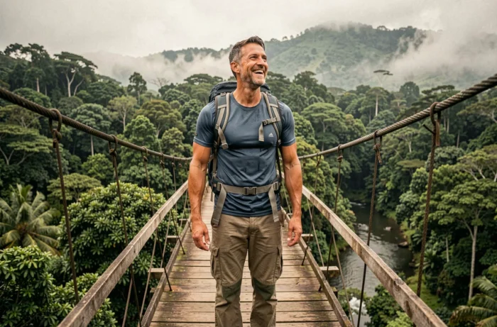 Randonneur masculin souriant sur un pont suspendu au-dessus de la forêt tropicale du Costa Rica, expérience de voyage aventure en pleine nature
