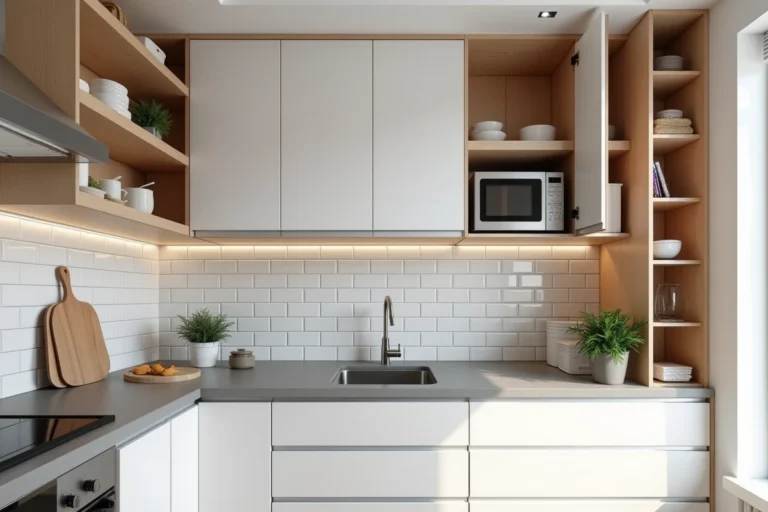 Petite cuisine bien organisée avec plusieurs solutions de rangement d'angle intelligentes