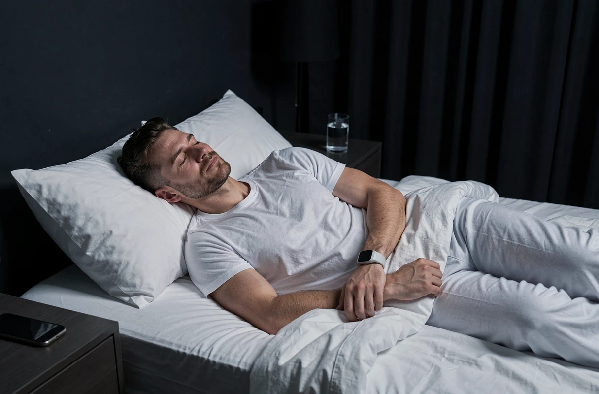 Un homme dort paisiblement dans une chambre sombre avec un tracker de sommeil au poignet, illustrant l'importance du sommeil dans la récupération musculaire