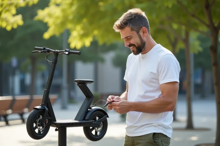 Homme remplaçant le câble de frein d'une trottinette Urban Glide 140 sur un support de réparation en plein air