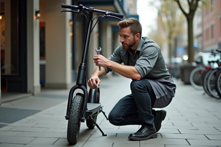 Homme réparant une trottinette Urban Glide 140 sur un trottoir urbain en inspectant la roue arrière avec une clé
