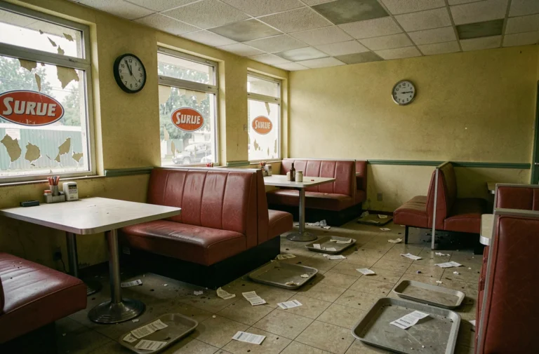 Intérieur abandonné d'une ancienne chaîne de restauration rapide française avec mobilier usé et décoration désuète