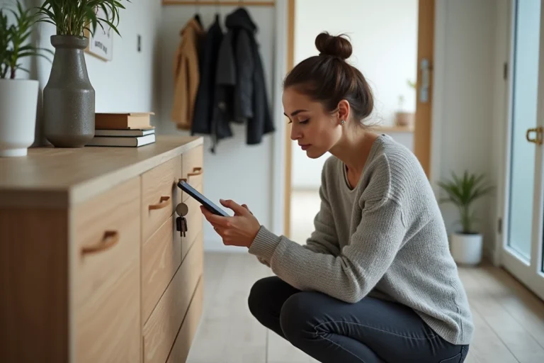 Femme retrouvant ses clés perdues grâce à un tracker Bluetooth Rabbit Finder dans un couloir d'appartement moderne
