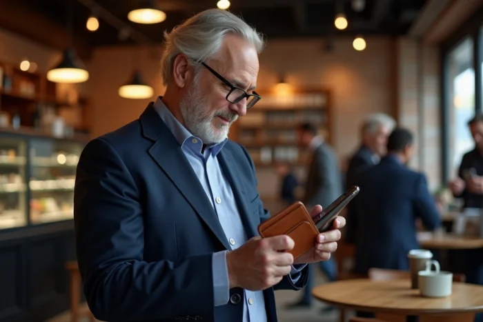 Homme retrouvant son portefeuille perdu avec un tracker GPS dans un café urbain grâce à l'application Rabbit Finder