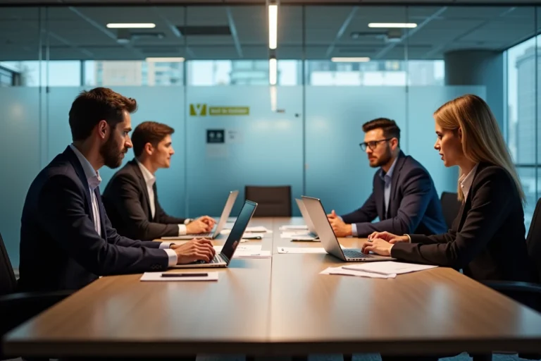 Réunion du comité social et économique dans une salle de conférence d'une grande entreprise de transport public, représentants du personnel et direction autour d'une table de travail