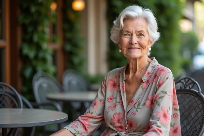 Femme de 75 ans élégamment vêtue d'une robe midi fleurie aux tons roses et sages, assise en terrasse de café, idée de tenue chic pour femme senior