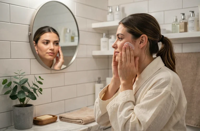 Femme appliquant de la crème hydratante devant un miroir dans une salle de bain minimaliste scandinave