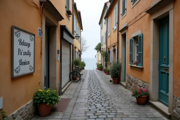 Rue côtière d'une ville balnéaire française en hors-saison avec maisons habitées à l'année et panneau immobilier