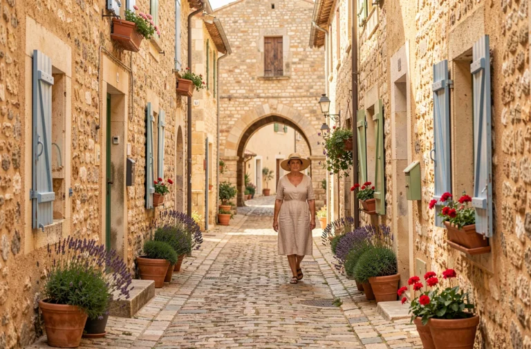 Ruelle pavée authentique du village provençal de Robion avec ses façades en pierre ocre et ses volets colorés