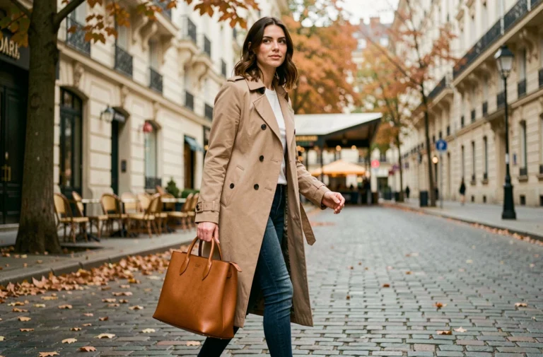 Femme élégante portant un sac cabas en cuir camel dans une rue parisienne en automne