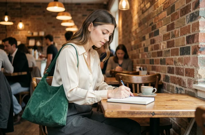 Femme professionnelle dans un café parisien avec un sac à main en daim vert émeraude accroché à sa chaise