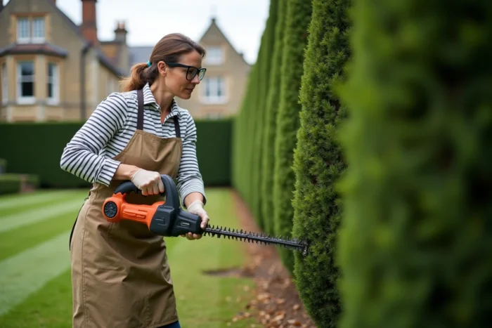 Femme sculptant une haie d'if en forme géométrique avec une taille-haie électrique dans un jardin à l'anglaise