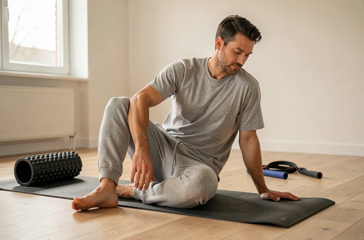Un homme effectue des étirements de mobilité sur un tapis lors d'une semaine de décharge planifiée dans son programme de fitness