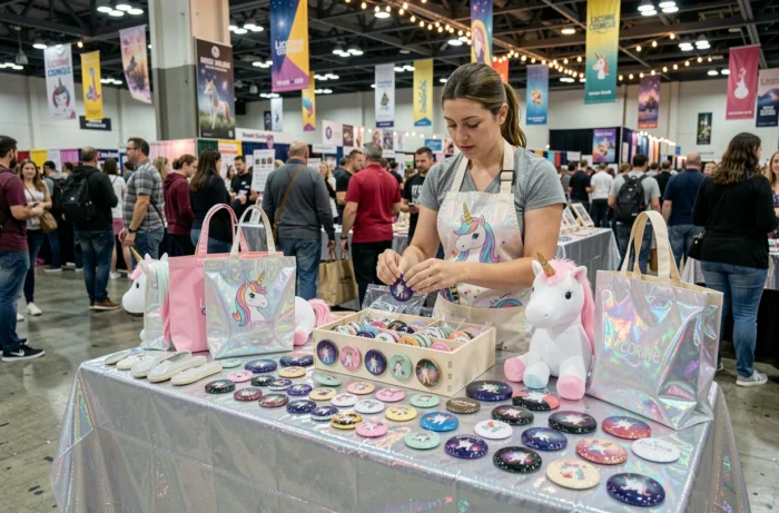 Stand de boutique pop-up présentant les nouveautés exclusives de l'univers Licorne Cosmique lors d'un salon de collection
