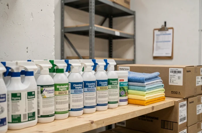 Prateleira de armazenamento profissional com produtos de higiene, embalagens e materiais de manutenção organizados