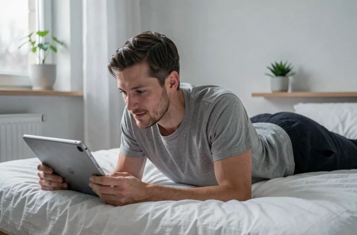 Jeune homme regardant Disney Plus sur une tablette dans sa chambre avec un décor minimaliste scandinave