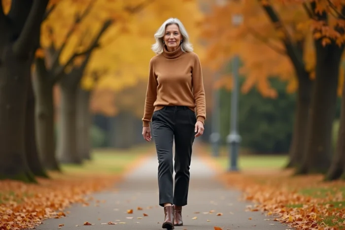 Femme senior de 75 ans en pull cachemire camel et pantalon gris anthracite se promenant dans un parc en automne, conseils de style et tenues élégantes pour seniors