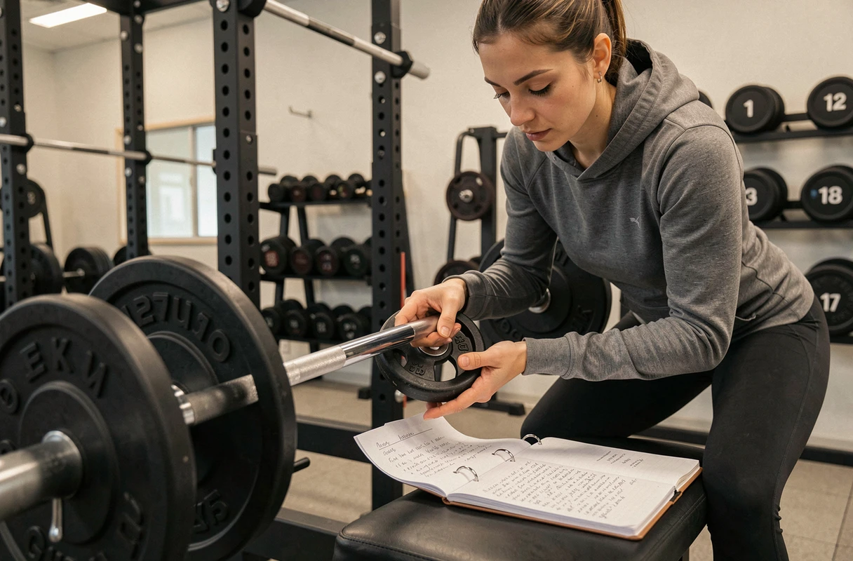 Une femme ajoute progressivement du poids sur une barre en suivant ses notes d'entraînement, illustrant le principe de surcharge progressive graduée
