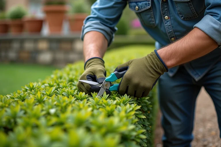 Jardinier expérimenté taillant une haie de buis avec un sécateur dans un jardin soigné au printemps