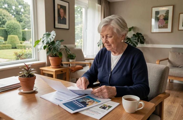 Une femme âgée consulte des documents tarifaires dans une maison de retraite belge moderne